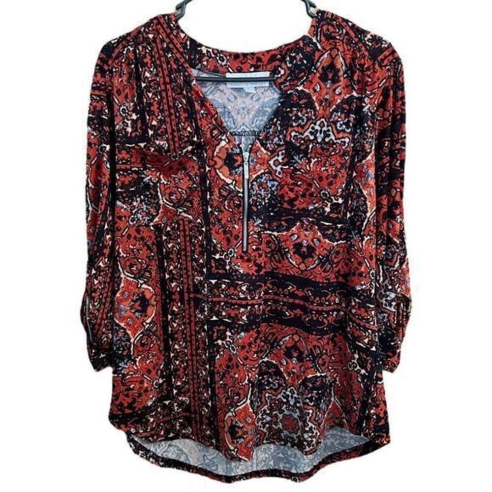 Carolyn Taylor Blouse Top Zipper Neck 3/4 Sleeve‎ Pocket Printed Black Red XL